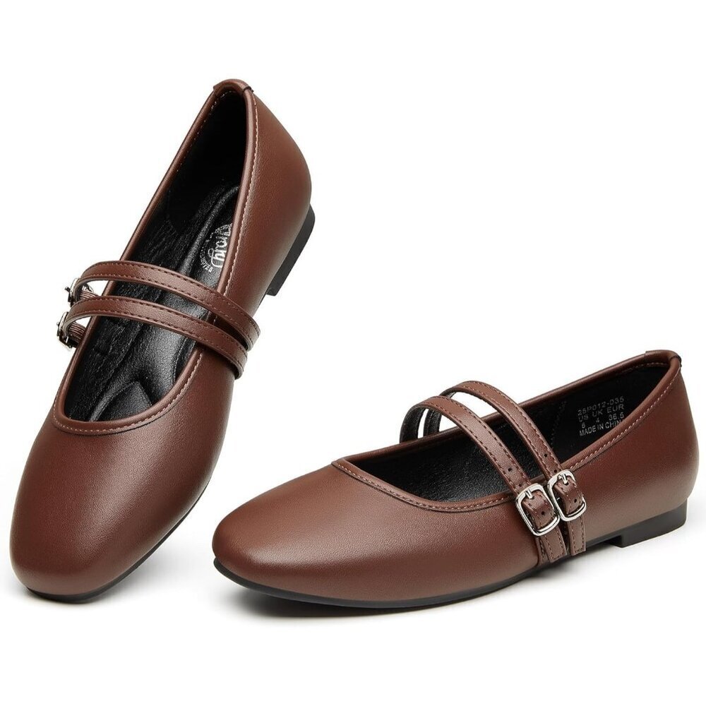 Trary Women Dark Brown Polyurethane Square Toe Slip On Buckle Strap Ballet Flats